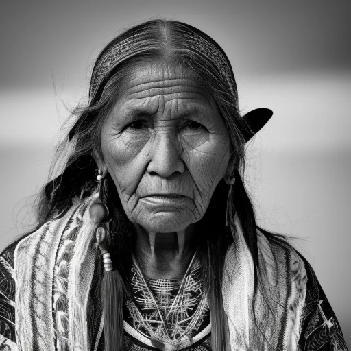 A realistic black and white photograph of native american woman generated with stable diffusion